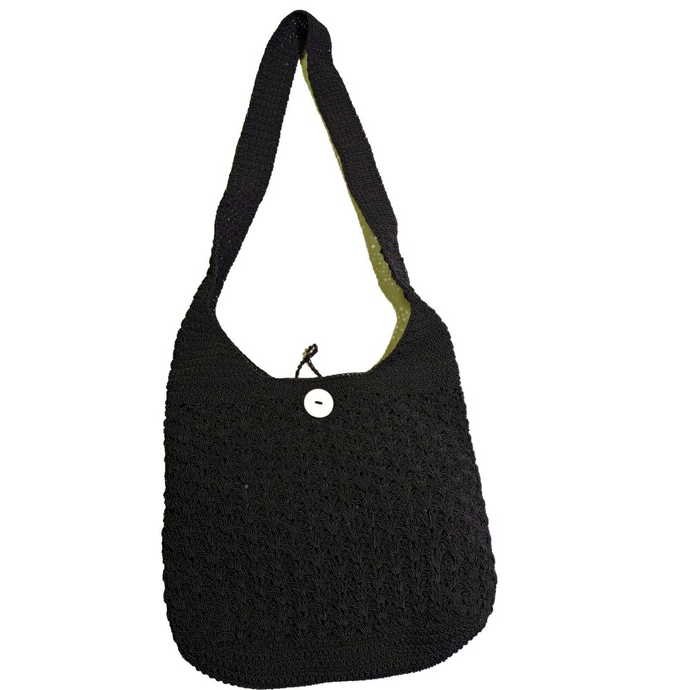 Black Crochet Shoulder Hobo Bag Button Closure Lined Medium China